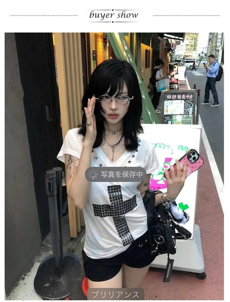 Karrram Japanese Y2k Metal Cross Print T-shirt Vintage Harajuku Short Sleeve Sheer Tops Trashy 2000s V-neck Streetwear Grunge