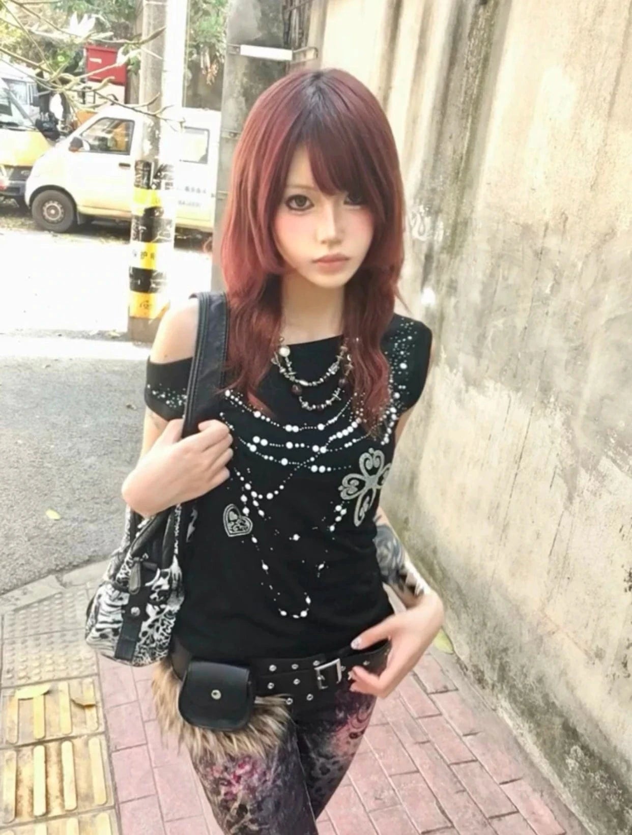 Karrram Japanese Y2k Off Shoulder T-shirt Grunge Aesthetics Rhinestones Print T Shirt Trashy 2000s Style Tops Vintage Harajuku