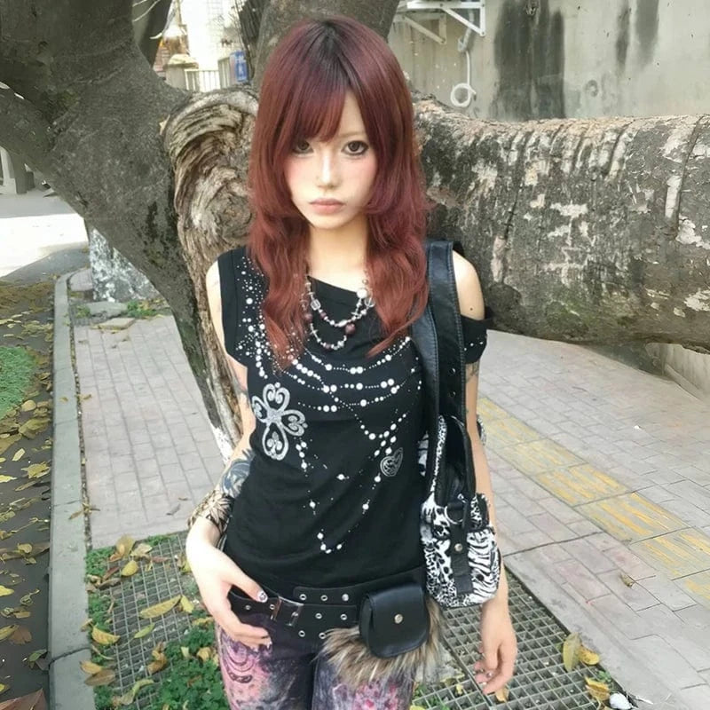 Karrram Japanese Y2k Off Shoulder T-shirt Grunge Aesthetics Rhinestones Print T Shirt Trashy 2000s Style Tops Vintage Harajuku