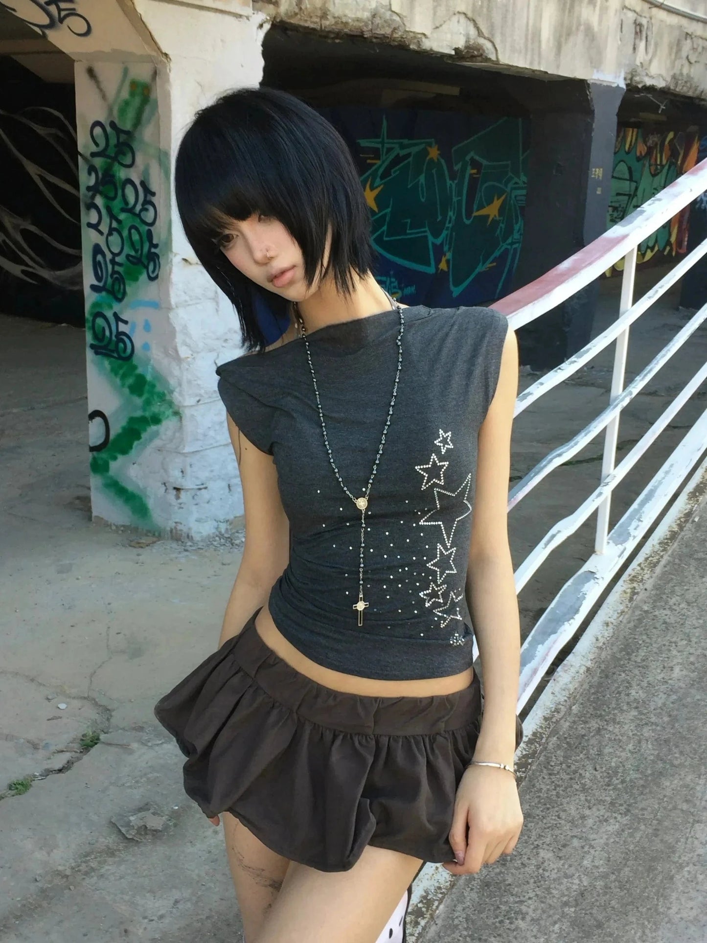 Karrram Japanese Y2k Off Shoulder T-shirt Trashy 2000s Style Rhinestones Sleeveless Top Vintage Harajuku Crop Top American Retro