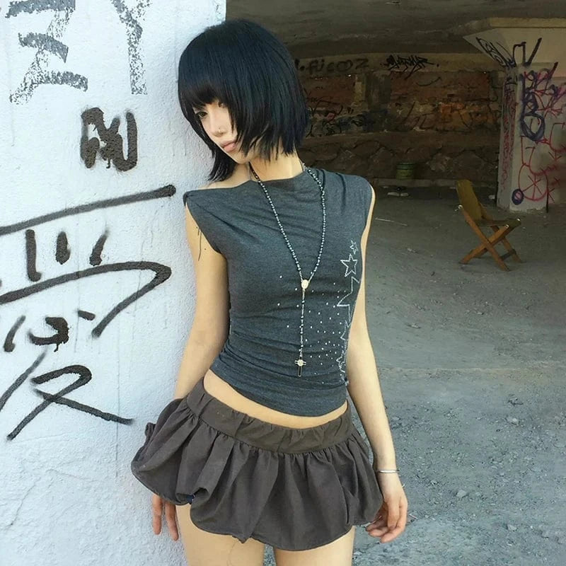 Karrram Japanese Y2k Off Shoulder T-shirt Trashy 2000s Style Rhinestones Sleeveless Top Vintage Harajuku Crop Top American Retro