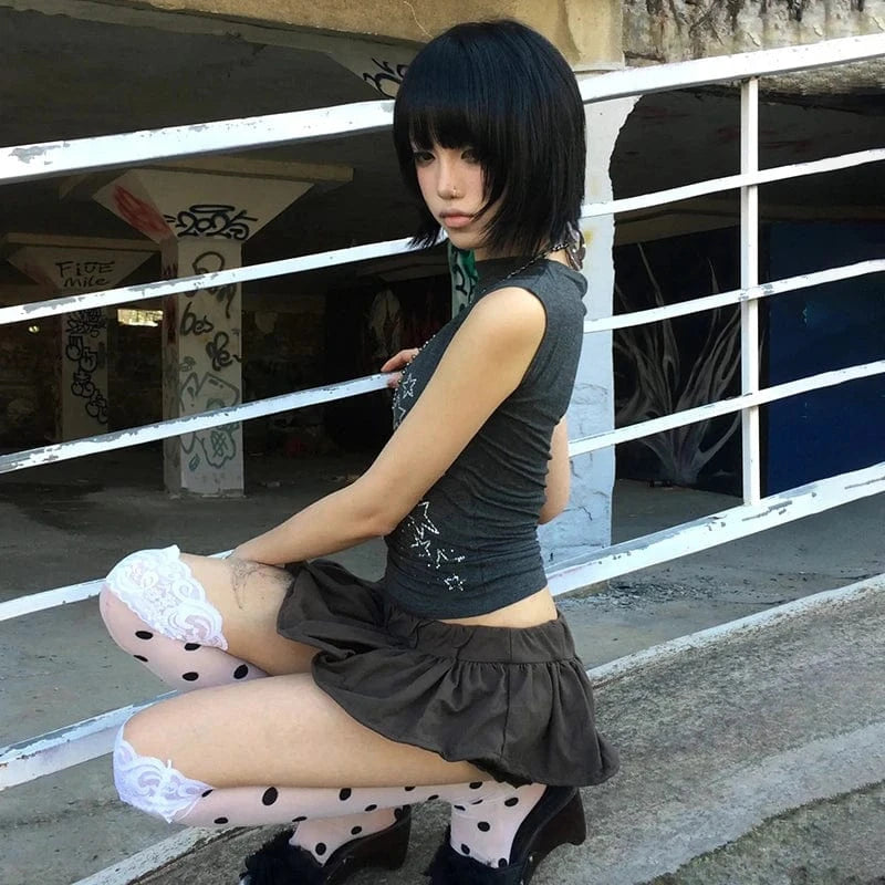 Karrram Japanese Y2k Off Shoulder T-shirt Trashy 2000s Style Rhinestones Sleeveless Top Vintage Harajuku Crop Top American Retro