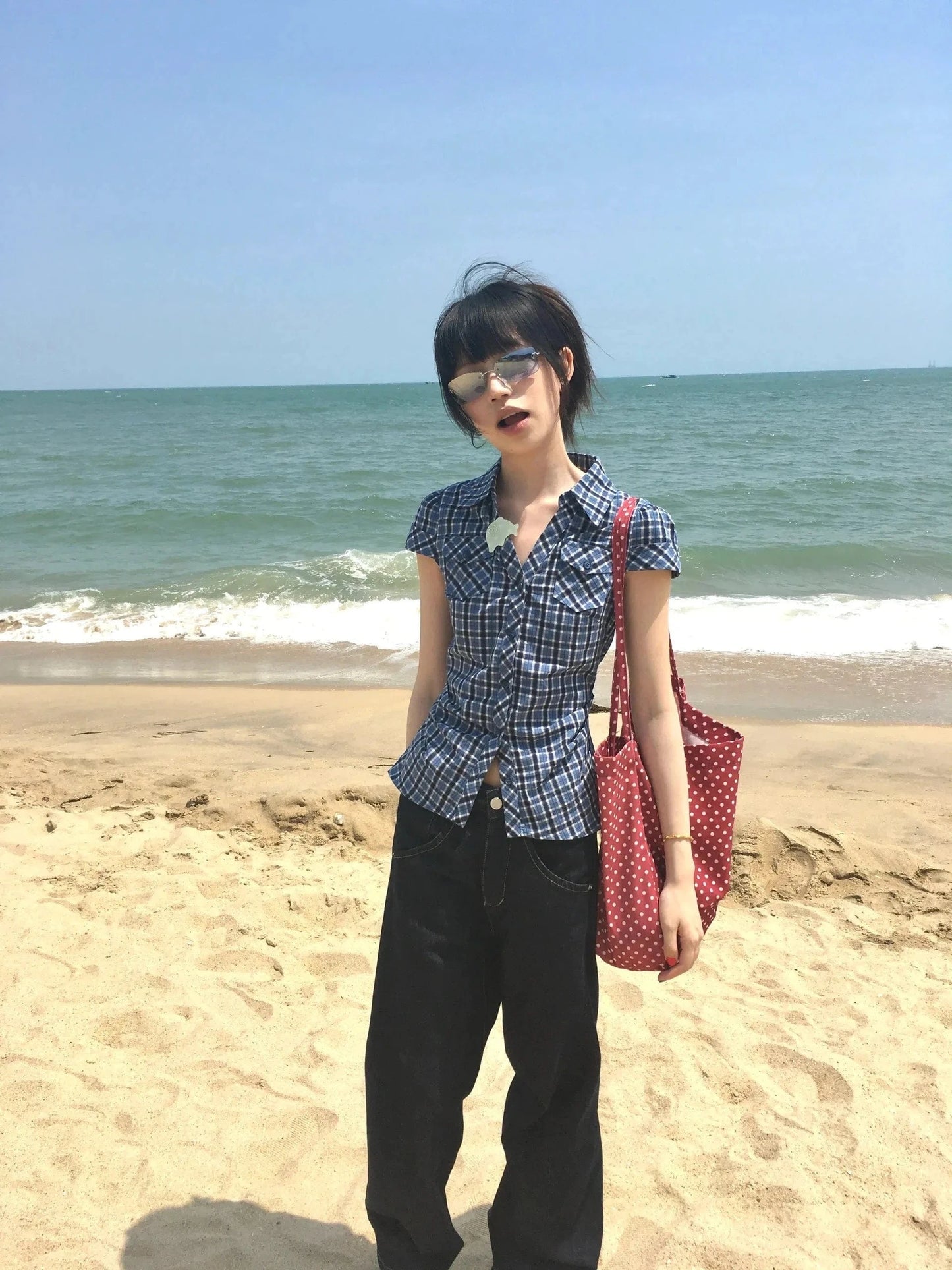 Karrram Japanese Y2k Plaid Shirt Vintage Harajuku V-neck Blouses Korean Fashion Women Short Sleeve Shirts 2000s American Retro