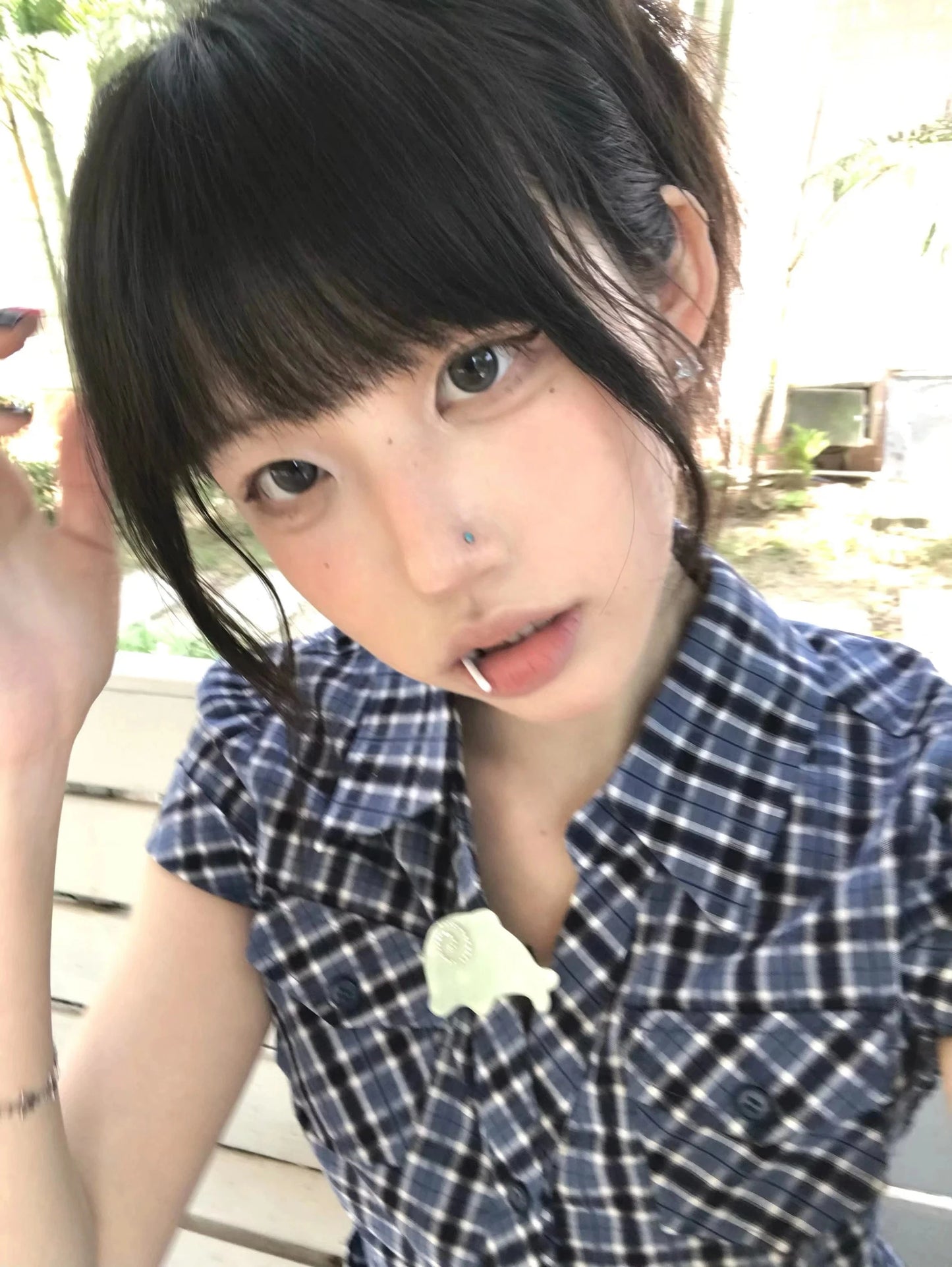 Karrram Japanese Y2k Plaid Shirt Vintage Harajuku V-neck Blouses Korean Fashion Women Short Sleeve Shirts 2000s American Retro