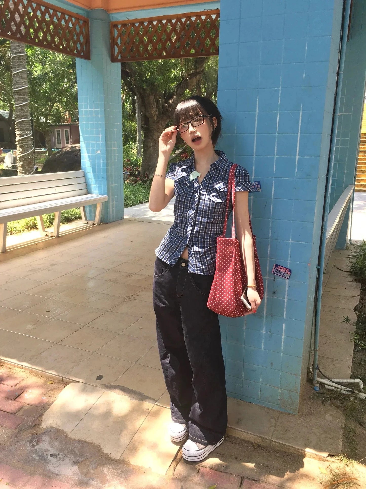 Karrram Japanese Y2k Plaid Shirt Vintage Harajuku V-neck Blouses Korean Fashion Women Short Sleeve Shirts 2000s American Retro