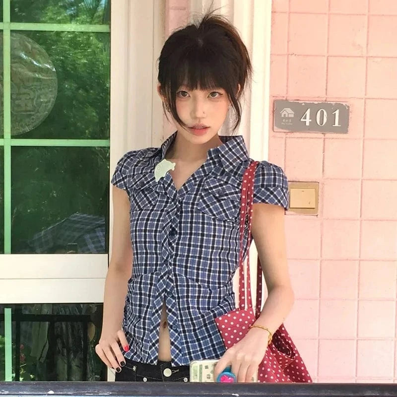 Karrram Japanese Y2k Plaid Shirt Vintage Harajuku V-neck Blouses Korean Fashion Women Short Sleeve Shirts 2000s American Retro