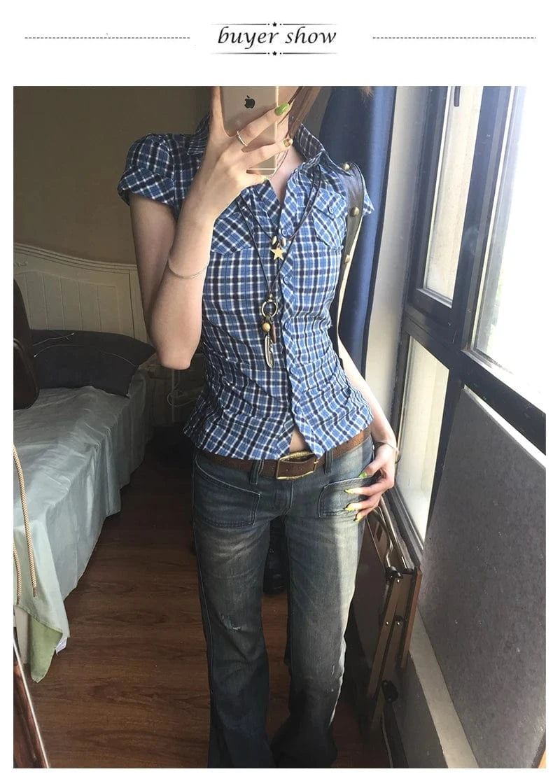 Karrram Japanese Y2k Plaid Shirt Vintage Harajuku V-neck Blouses Korean Fashion Women Short Sleeve Shirts 2000s American Retro