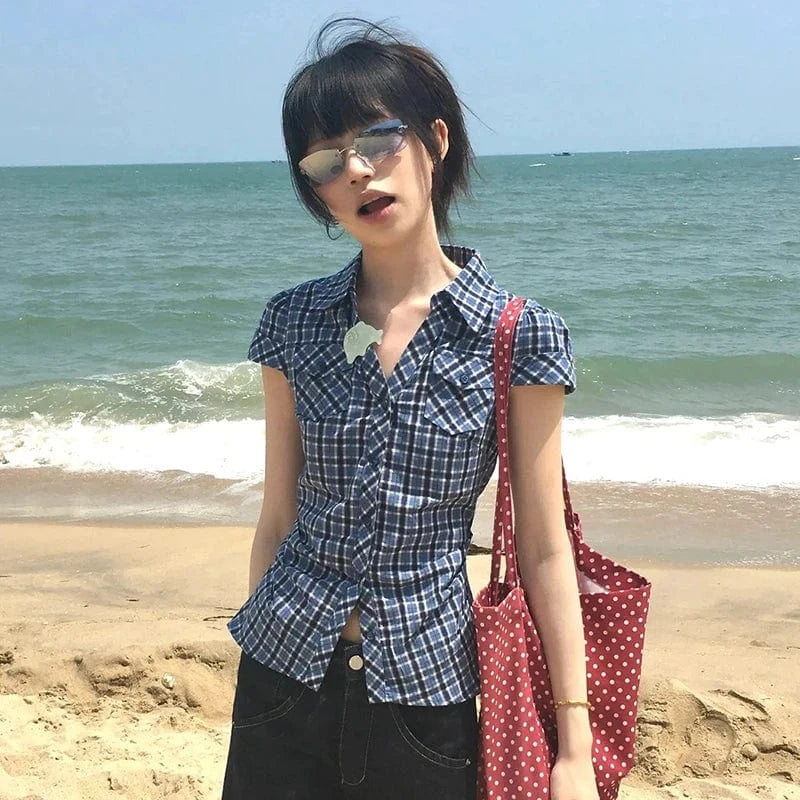 Karrram Japanese Y2k Plaid Shirt Vintage Harajuku V-neck Blouses Korean Fashion Women Short Sleeve Shirts 2000s American Retro