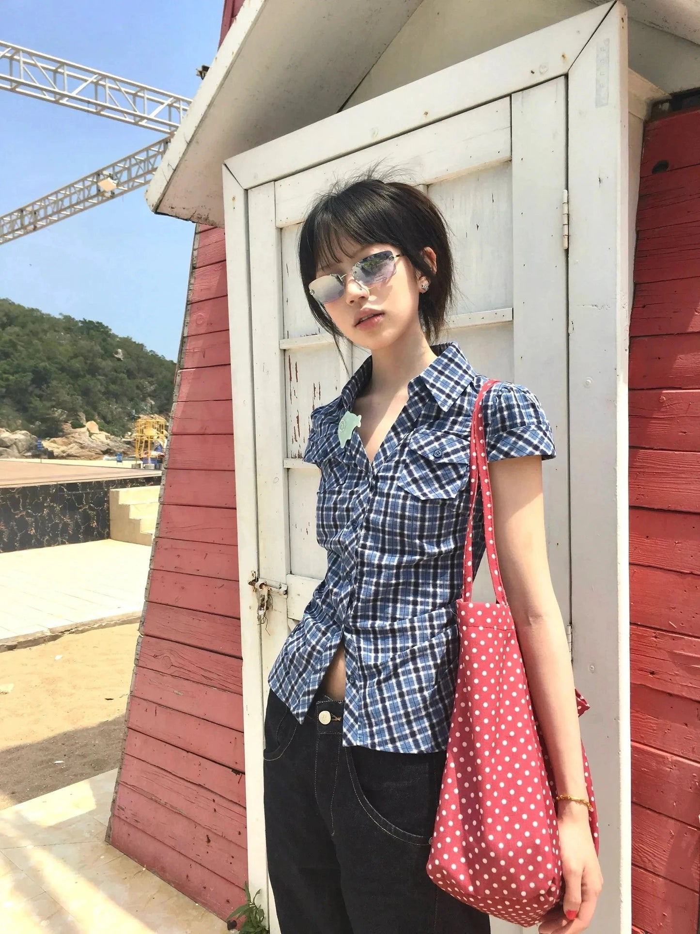 Karrram Japanese Y2k Plaid Shirt Vintage Harajuku V-neck Blouses Korean Fashion Women Short Sleeve Shirts 2000s American Retro