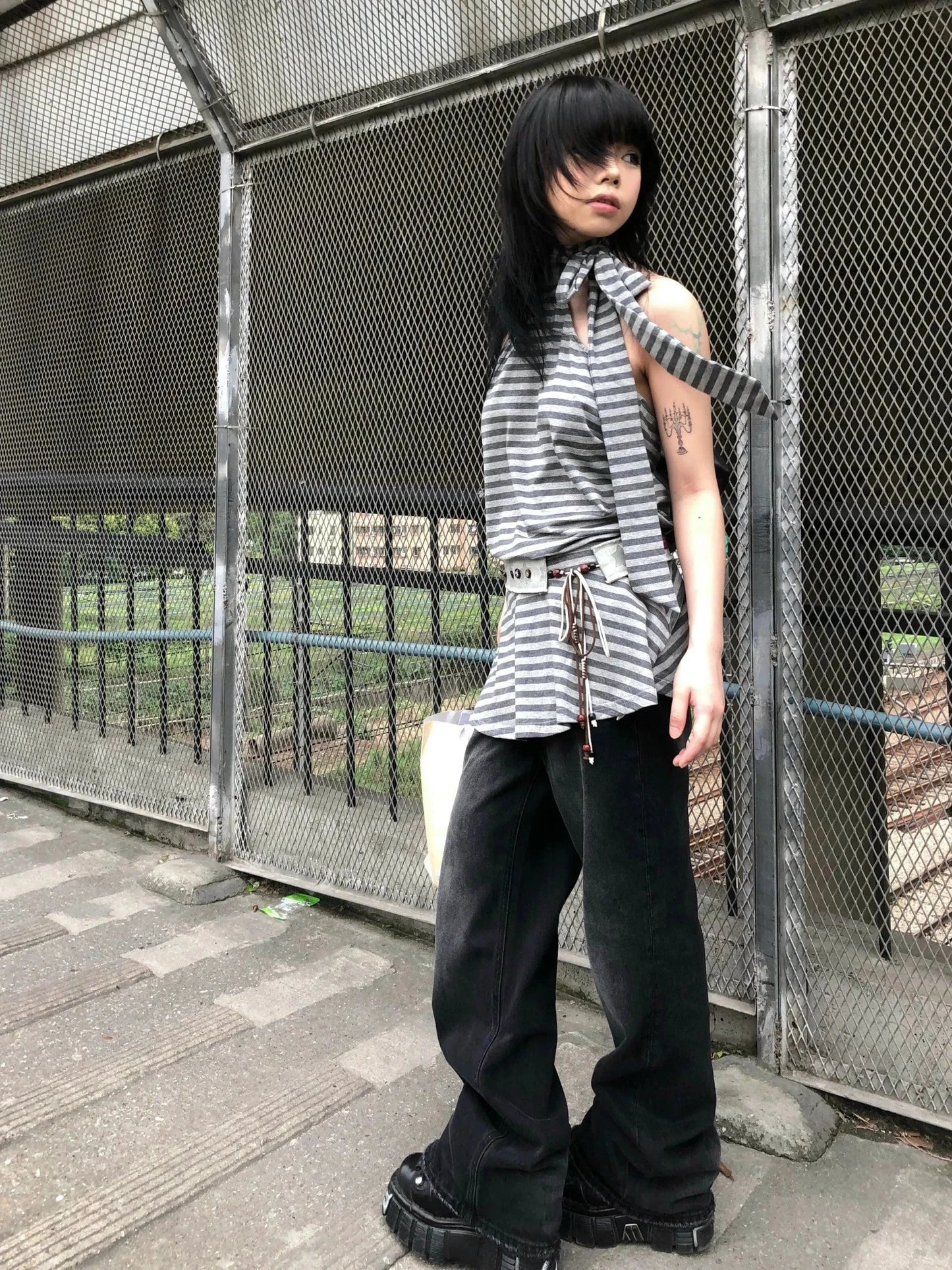 Karrram Y2k Aesthetics Halter Dress Japanese 2000s Style Grey Striped Short Dress Vintage Harajuku Backless Mini Dress Grunge