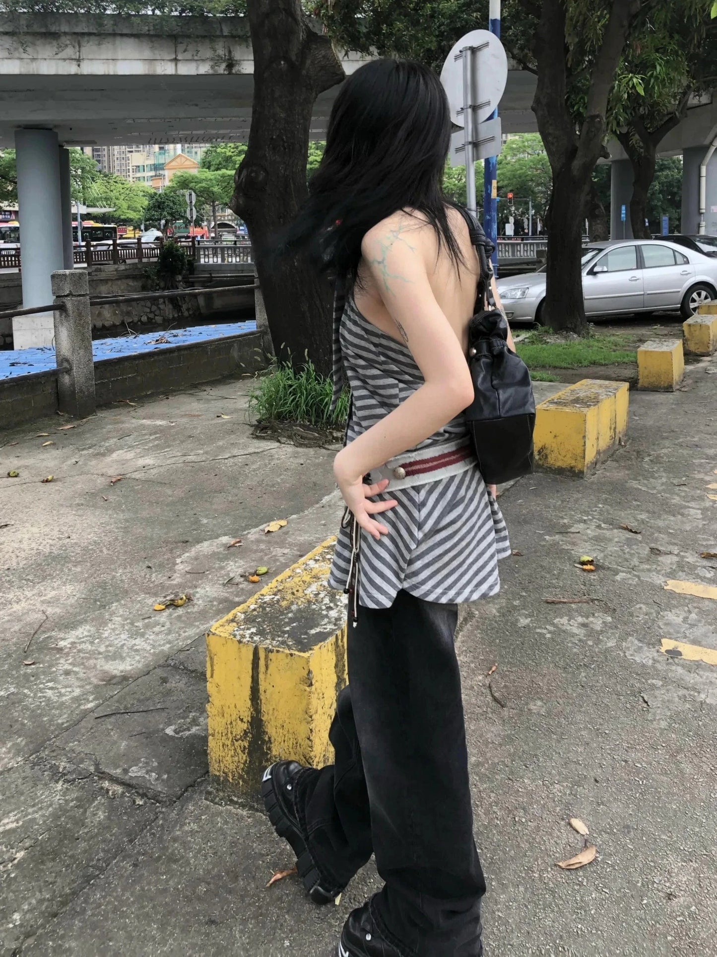 Karrram Y2k Aesthetics Halter Dress Japanese 2000s Style Grey Striped Short Dress Vintage Harajuku Backless Mini Dress Grunge