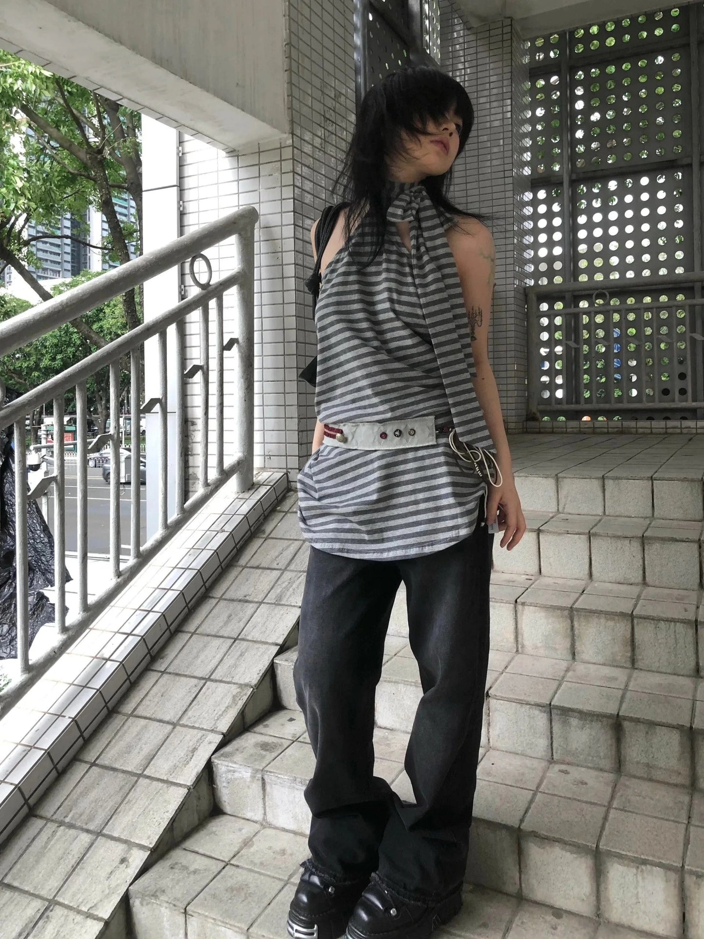 Karrram Y2k Aesthetics Halter Dress Japanese 2000s Style Grey Striped Short Dress Vintage Harajuku Backless Mini Dress Grunge