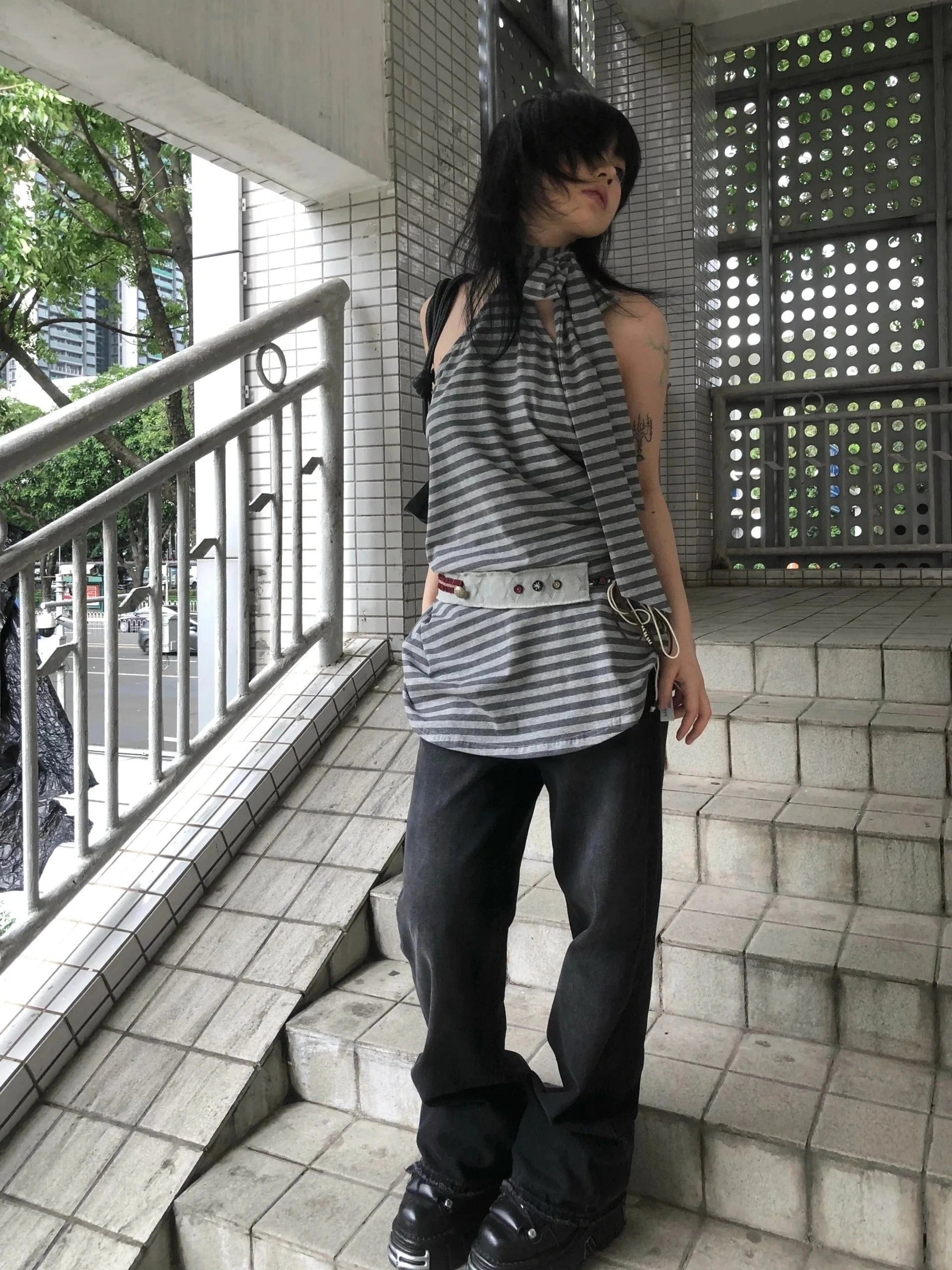 Karrram Y2k Aesthetics Halter Dress Japanese 2000s Style Grey Striped Short Dress Vintage Harajuku Backless Mini Dress Grunge