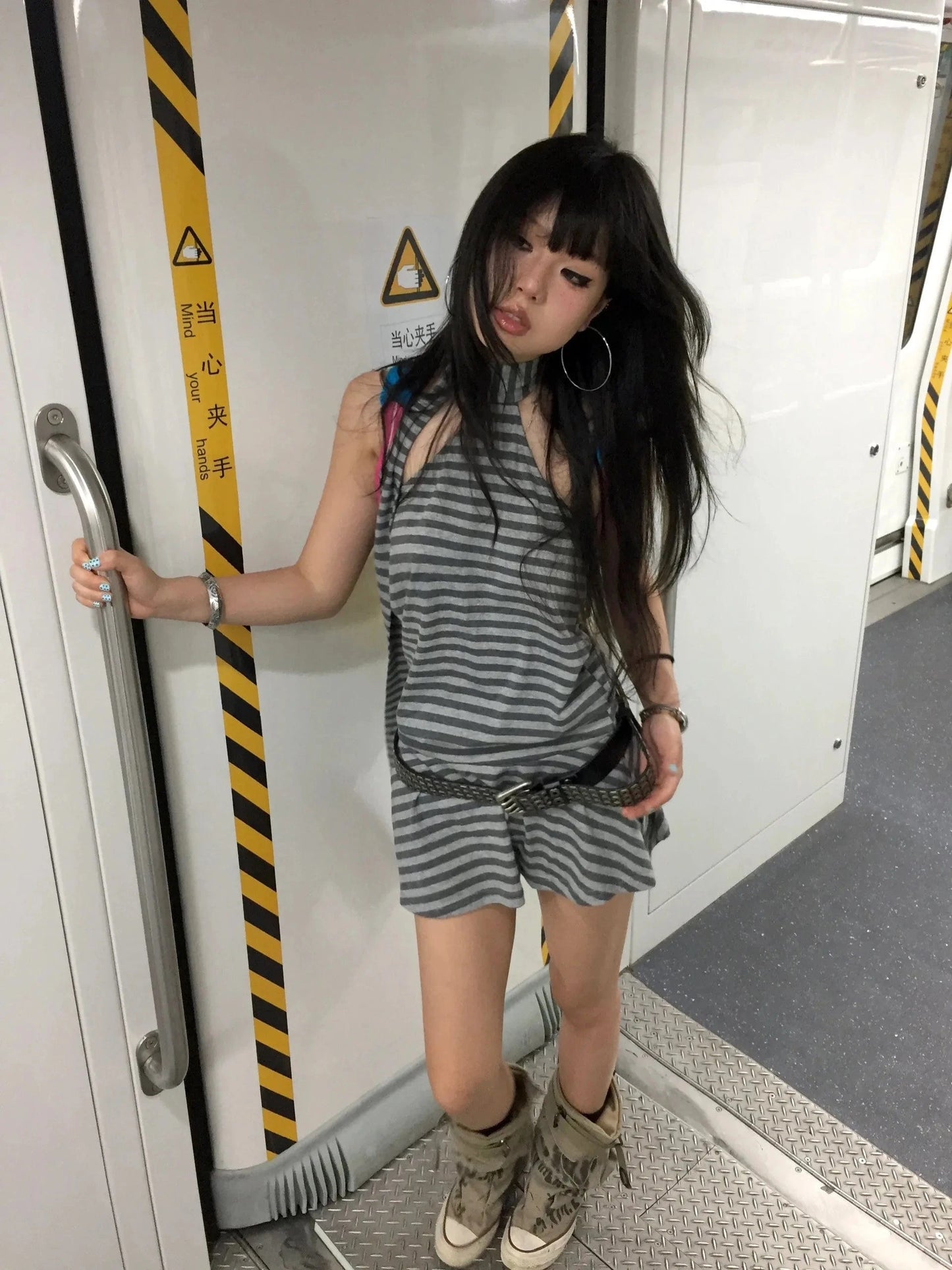 Karrram Y2k Aesthetics Halter Dress Japanese 2000s Style Grey Striped Short Dress Vintage Harajuku Backless Mini Dress Grunge