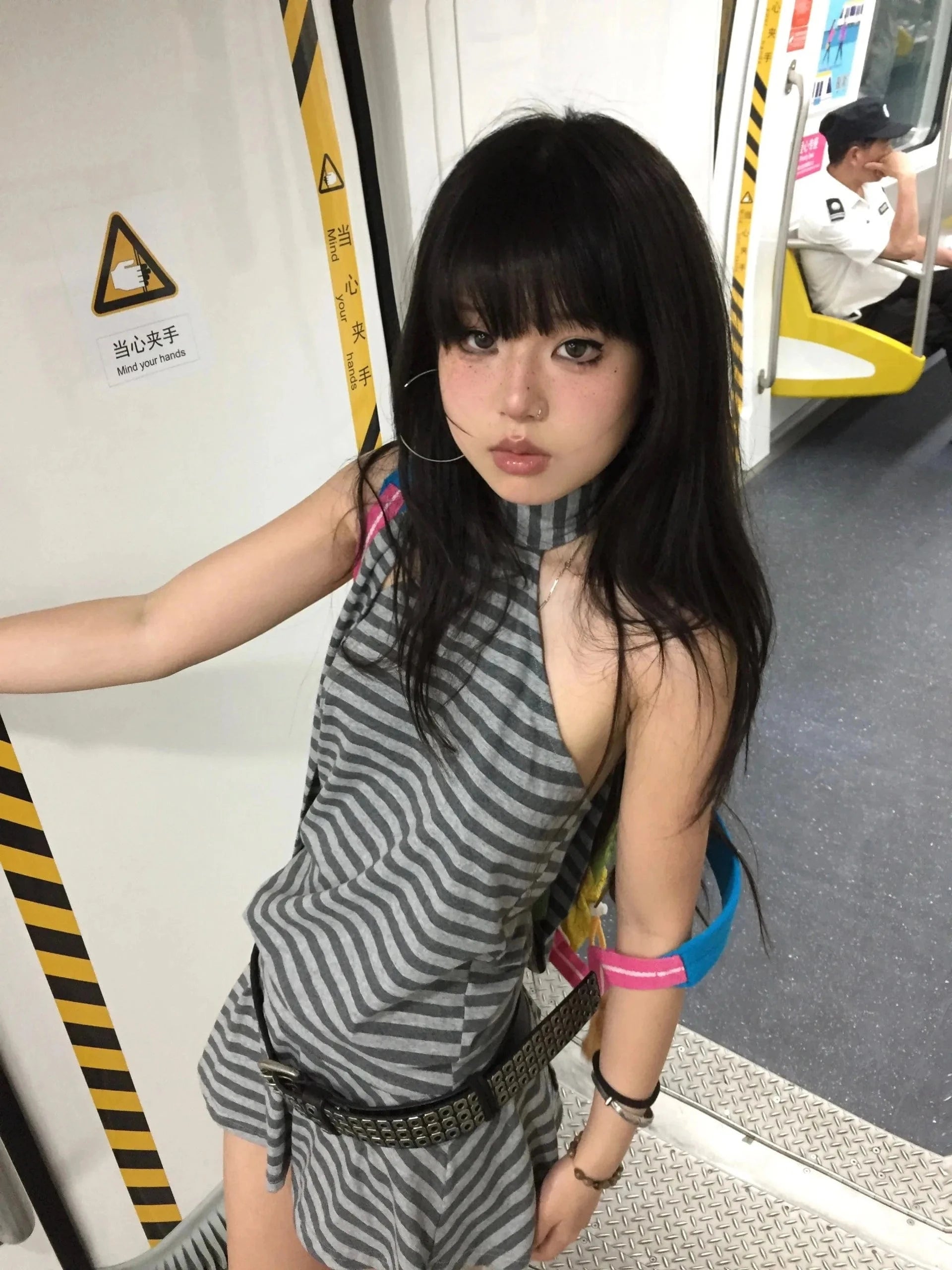 Karrram Y2k Aesthetics Halter Dress Japanese 2000s Style Grey Striped Short Dress Vintage Harajuku Backless Mini Dress Grunge