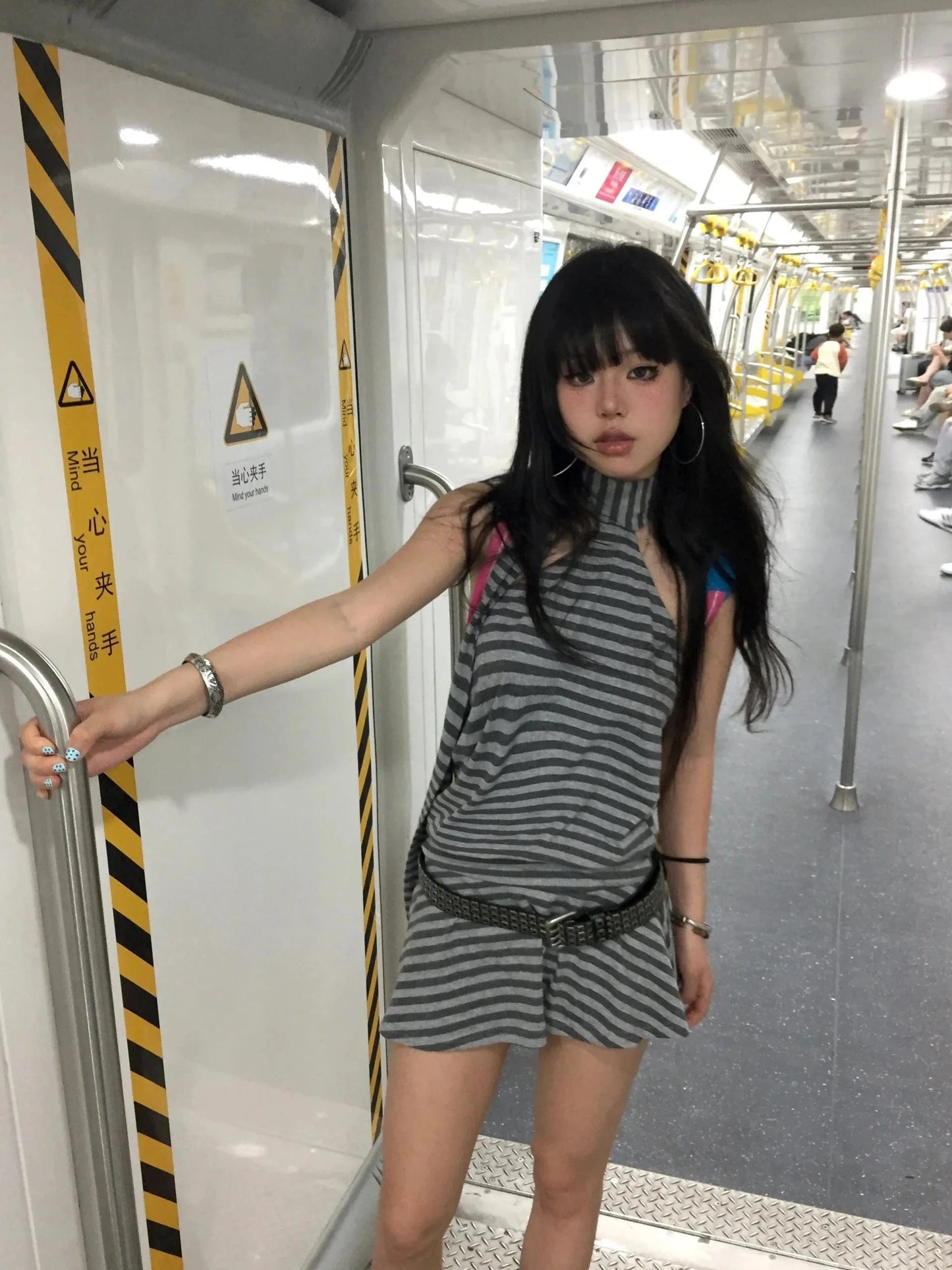 Karrram Y2k Aesthetics Halter Dress Japanese 2000s Style Grey Striped Short Dress Vintage Harajuku Backless Mini Dress Grunge