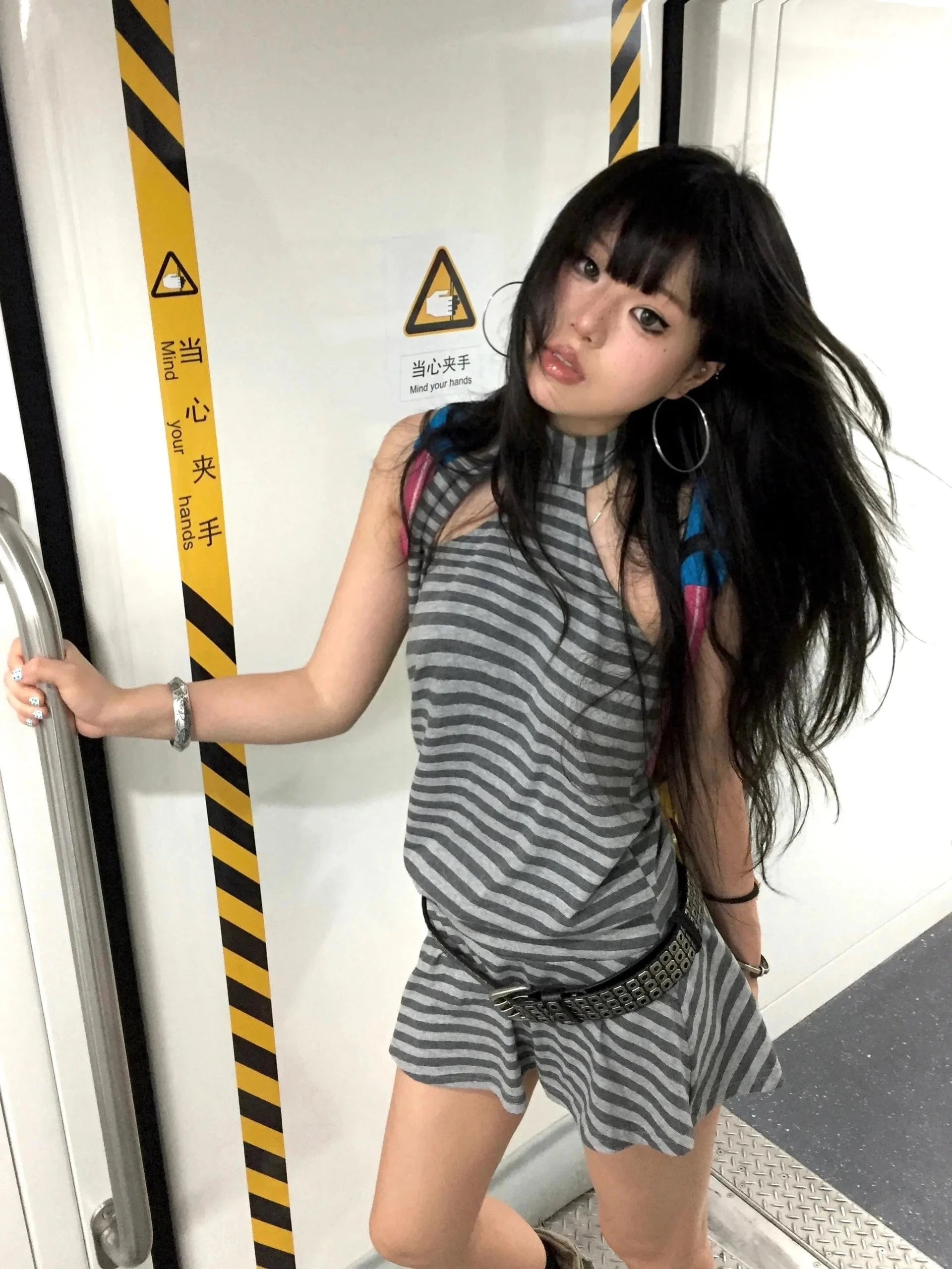 Karrram Y2k Aesthetics Halter Dress Japanese 2000s Style Grey Striped Short Dress Vintage Harajuku Backless Mini Dress Grunge