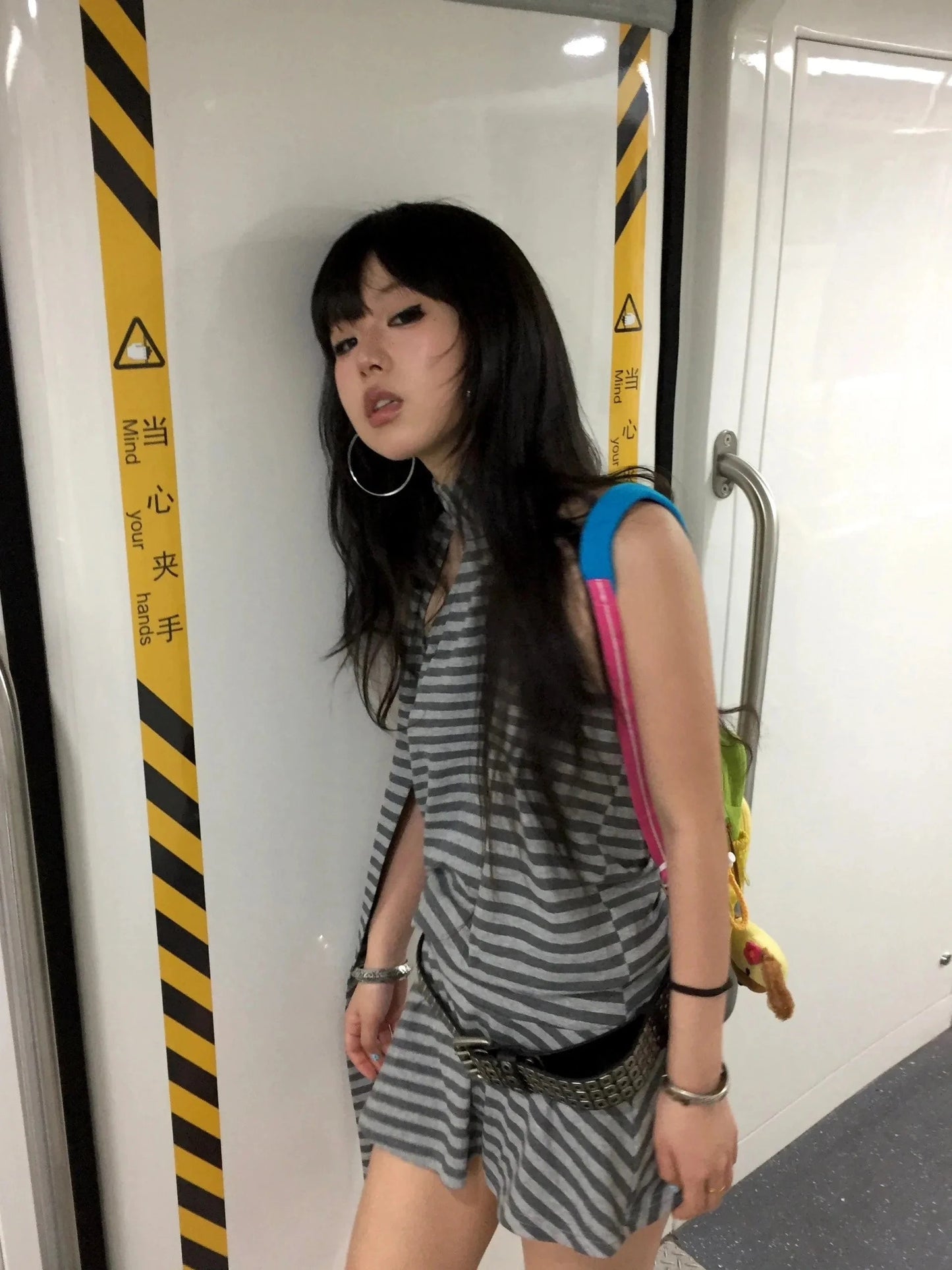 Karrram Y2k Aesthetics Halter Dress Japanese 2000s Style Grey Striped Short Dress Vintage Harajuku Backless Mini Dress Grunge