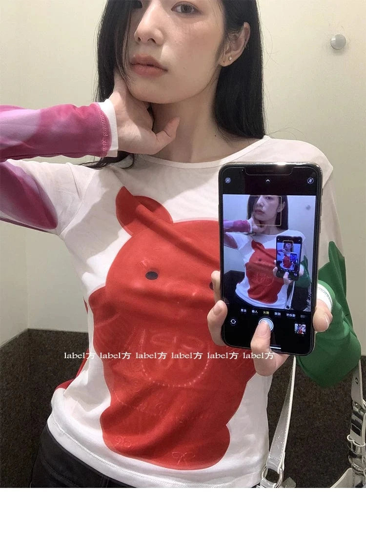 Karrram Y2k Aesthetics Mesh Tops Japanese Harajuku Cartoon Print T-shirt 2000s Vintage Cute T Shirt Korean Style Dopamine Tops