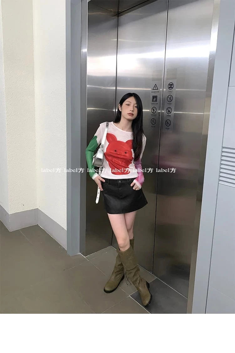 Karrram Y2k Aesthetics Mesh Tops Japanese Harajuku Cartoon Print T-shirt 2000s Vintage Cute T Shirt Korean Style Dopamine Tops