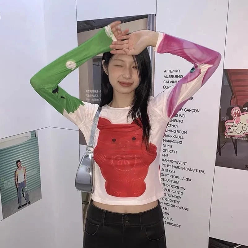 Karrram Y2k Aesthetics Mesh Tops Japanese Harajuku Cartoon Print T-shirt 2000s Vintage Cute T Shirt Korean Style Dopamine Tops