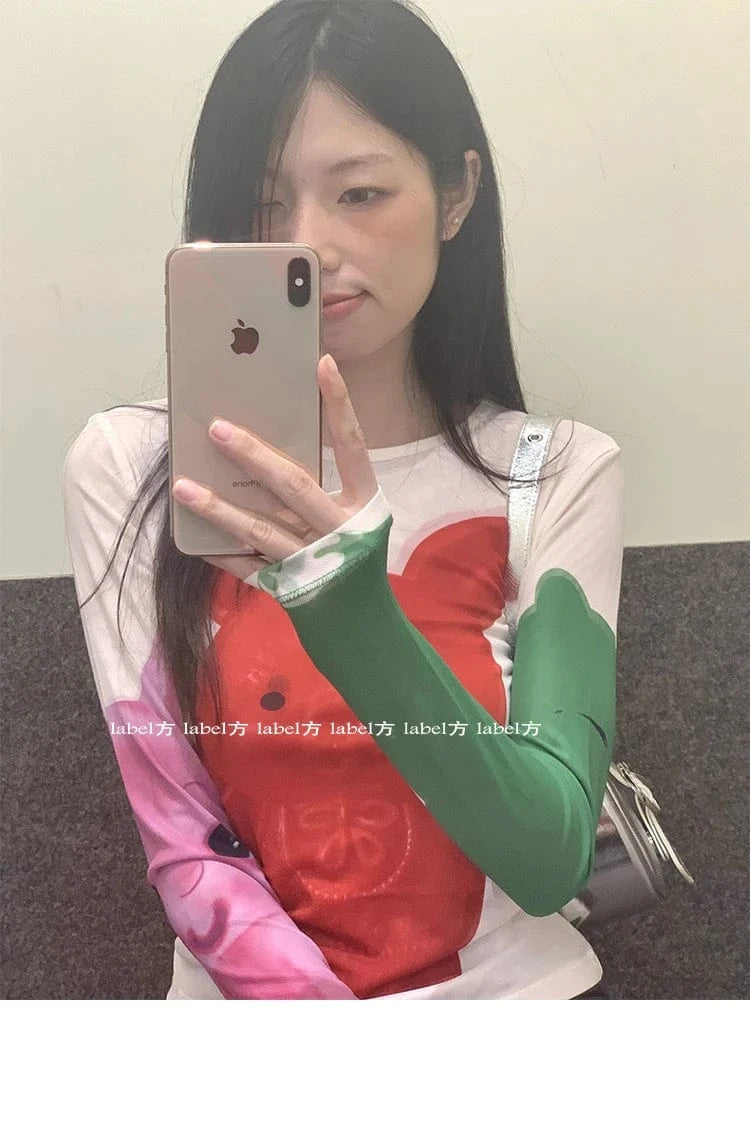 Karrram Y2k Aesthetics Mesh Tops Japanese Harajuku Cartoon Print T-shirt 2000s Vintage Cute T Shirt Korean Style Dopamine Tops