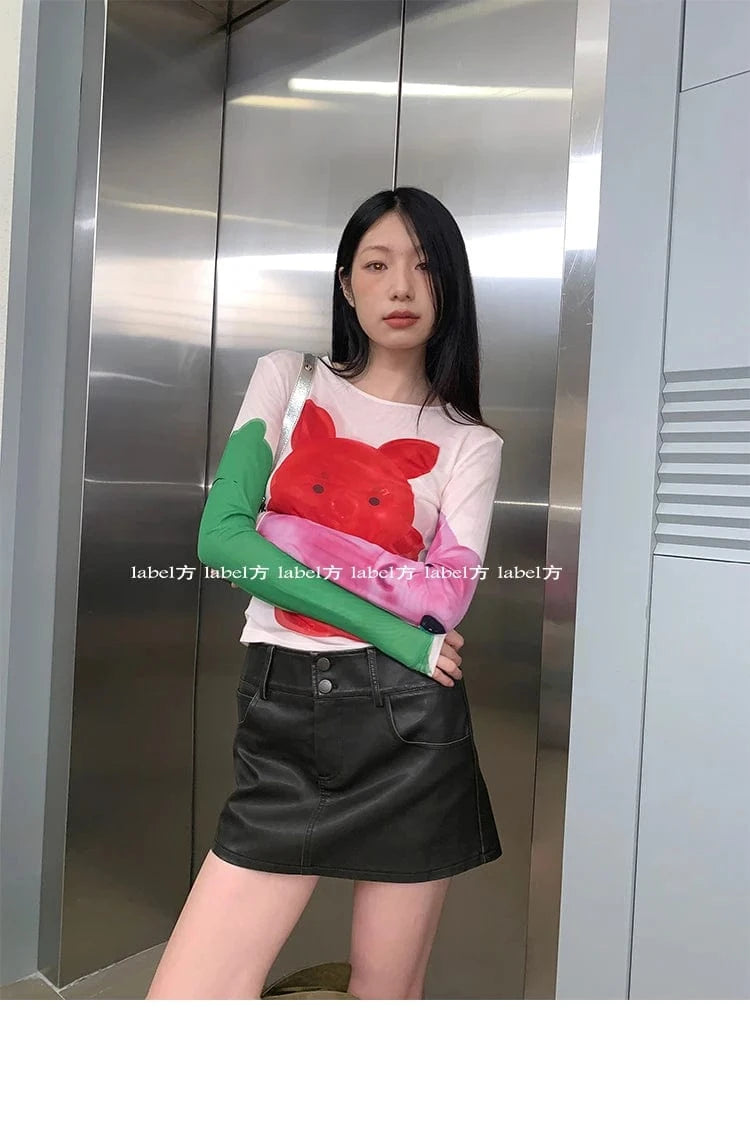 Karrram Y2k Aesthetics Mesh Tops Japanese Harajuku Cartoon Print T-shirt 2000s Vintage Cute T Shirt Korean Style Dopamine Tops