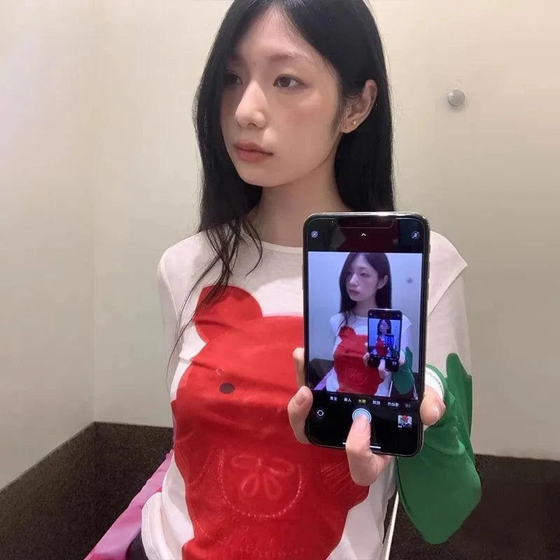 Karrram Y2k Aesthetics Mesh Tops Japanese Harajuku Cartoon Print T-shirt 2000s Vintage Cute T Shirt Korean Style Dopamine Tops