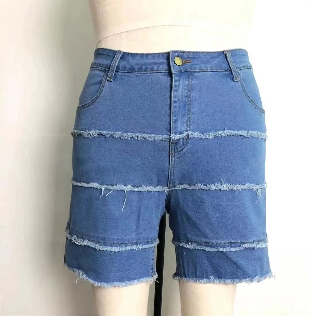 KE0013SX New Trends Plus Size Patchwork Denim Frayed Cutoff Sexy Women Shorts Sehe Fashion