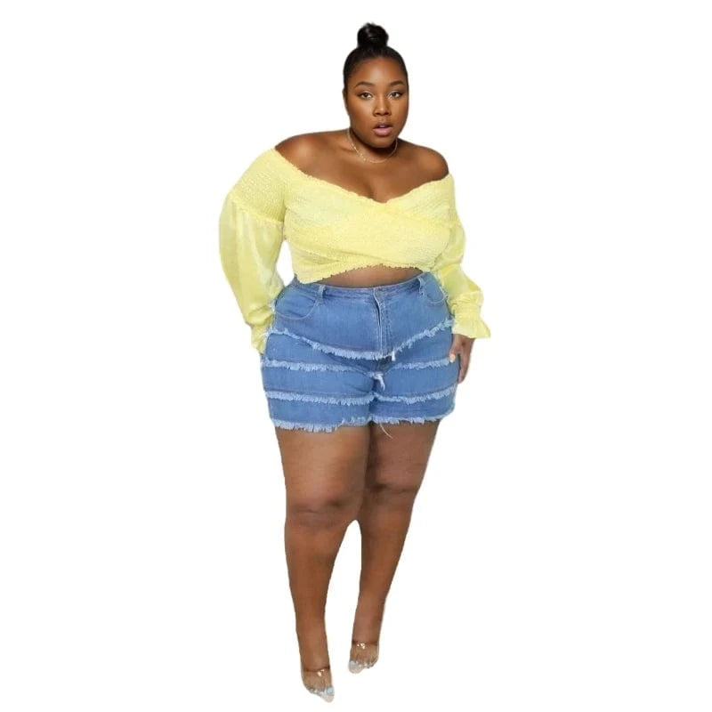 KE0013SX New Trends Plus Size Patchwork Denim Frayed Cutoff Sexy Women Shorts Sehe Fashion