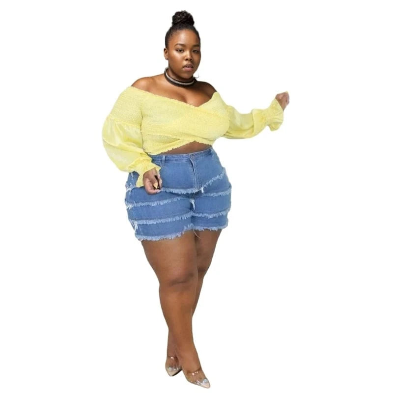 KE0013SX New Trends Plus Size Patchwork Denim Frayed Cutoff Sexy Women Shorts Sehe Fashion