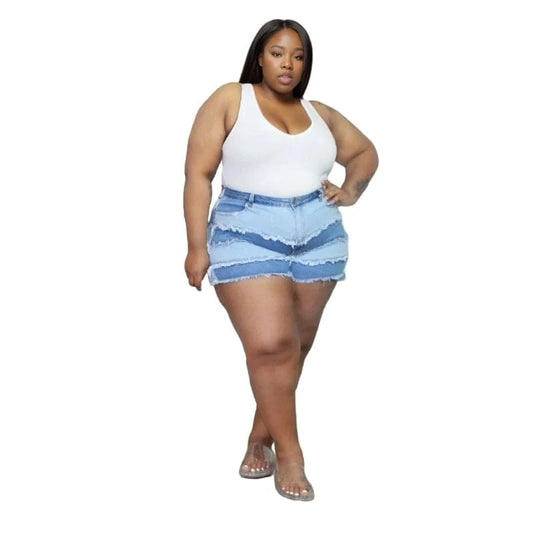 KE0013SX New Trends Plus Size Patchwork Denim Frayed Cutoff Sexy Women Shorts Sehe Fashion