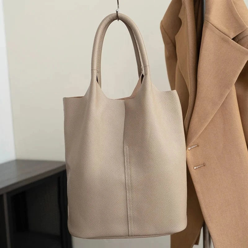 Khaki / 29x14x33cm Bucket Bag Ladies Luxury Women Tote Bag Casual Genuine Cow Leather Shoulder Bags ladies Tote Handbags Big Shopper Bag for Female