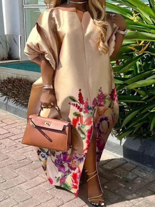 KHAKI / 3XL Beautyblue Plus Size Women's Clothing Robe De Soiree Femmes Elegant Floral Printed Boat Neck Puff Sleeves Oversized Maxi Dress