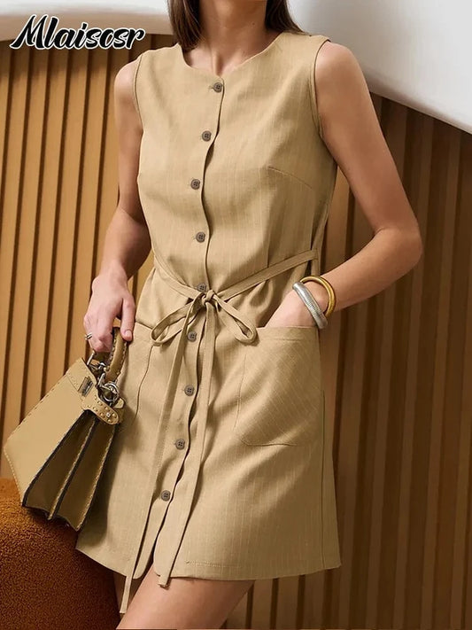 khaki dress / L Mlaiscsr Simple Pocket Elegant Office Work Mini Dress Women Summer O Neck Lace-up Button Europe America Birthday Party Vestidos