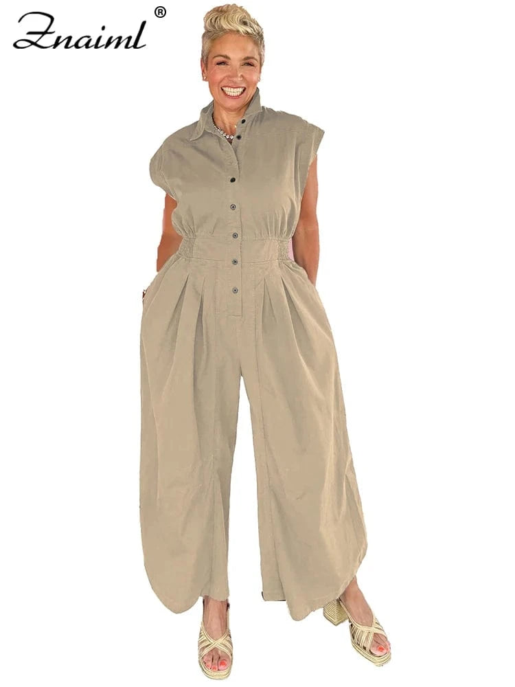 khaki jumpsuits / M Znaiml Casual Loose Pocket Jumpsuit Women Sleeveless Button High Waist Wide Leg Rompers Street Overalls One Pieces Cargo Pants