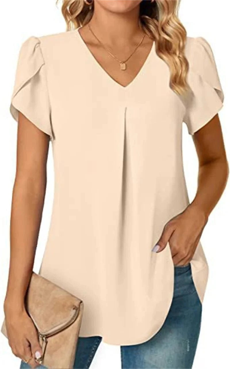 Khaki / L Sexy V Neck Ruffle Short Sleeve Blouse Shirts Summer Women V Neck Solid Color Loose OL Workout Blouse Tops