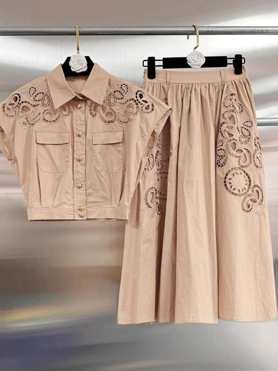 KHAKI / M VGH Solid Embroidery Design Two Piece Sets for Women Lapel Sleeveless Top High Wasit Spliced Hollow Out A Line Skirt Suit Female