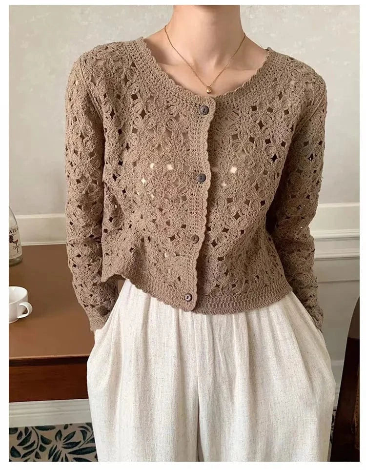 Khaki / One Size Long Sleeve Crochet Top for Women Sheer Button Up Hollow Out Openwork Knit Cardigan Jacket Spring Summer Boho Vacation Outfit