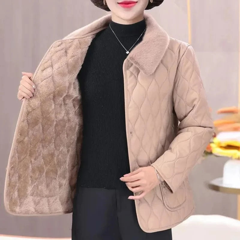 Khaki Plush / S Winter Plush Jacket Winter Mom's Fashion Plus Size Loose Thick Fur Collar Coat For Mid-Aged Women With Velvet Warm Quilted Coat