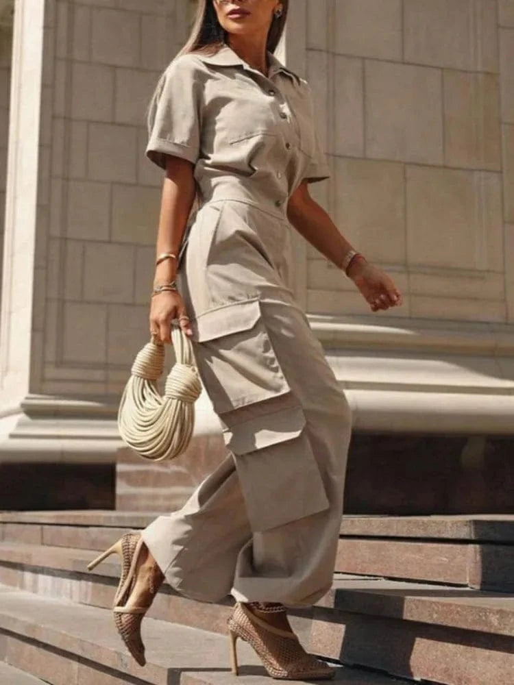 KHAKI / S Beautyblue Women Cargo Jumpsuits Summer Business Casual Outfits Buttoned Pockets Lapel Loose Elegant Khaki Cargo Romper Female