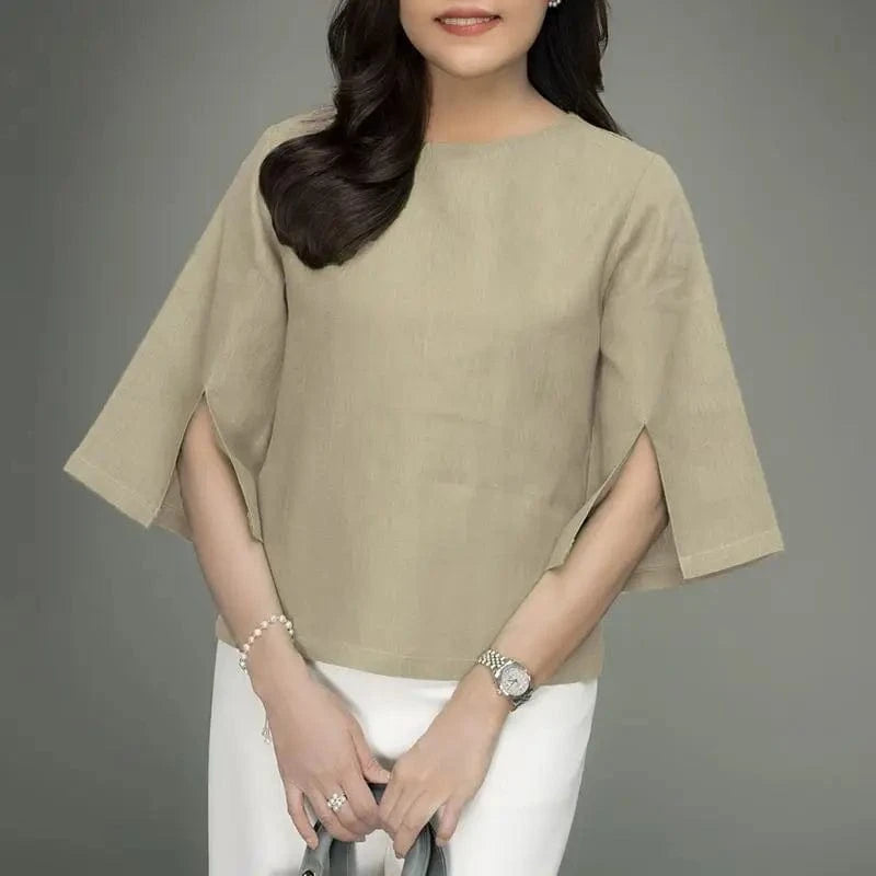 Khaki / S ZANZEA Fashion 3/4 Sleeve Crewneck Blusas Women Solid Blouse Casual Loose Split Cuff Tops 2024 Summer Korean Holiday Tunics
