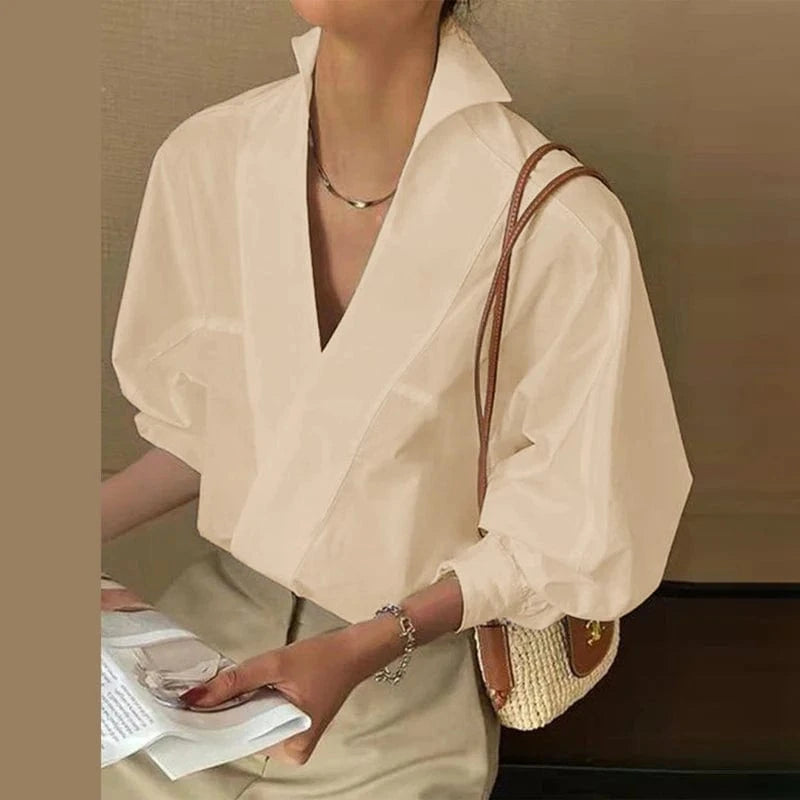 Khaki / S ZANZEA Fashion Lapel V Neck Shirt Women Puff 3/4 Sleeve Blouse Office Casual Loose Solid Color Tops 2024 Summer Street Tunics