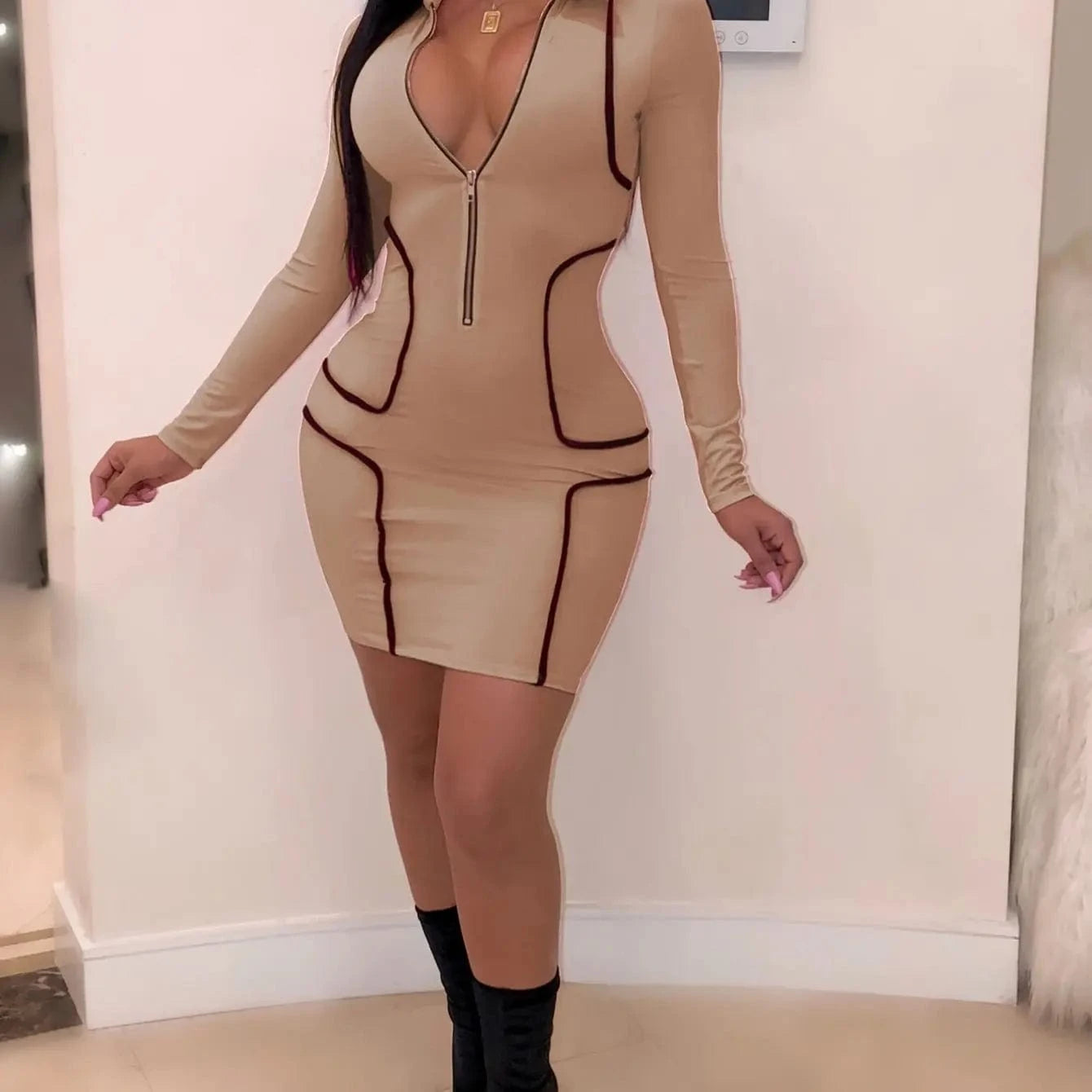 Khaki / S Zipper Stand Collar V Neck Long Sleeve Bodycon Dress Women Fashion Casual Dress Sheath Mini Club Party Dresses Outfits