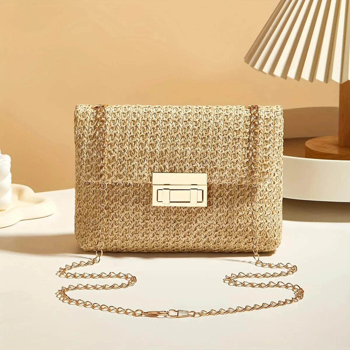 Khaki Woven Straw Handwoven Women's Shoulder Bag, Fashion Solid Color Crossbody Purse with Lock Closure