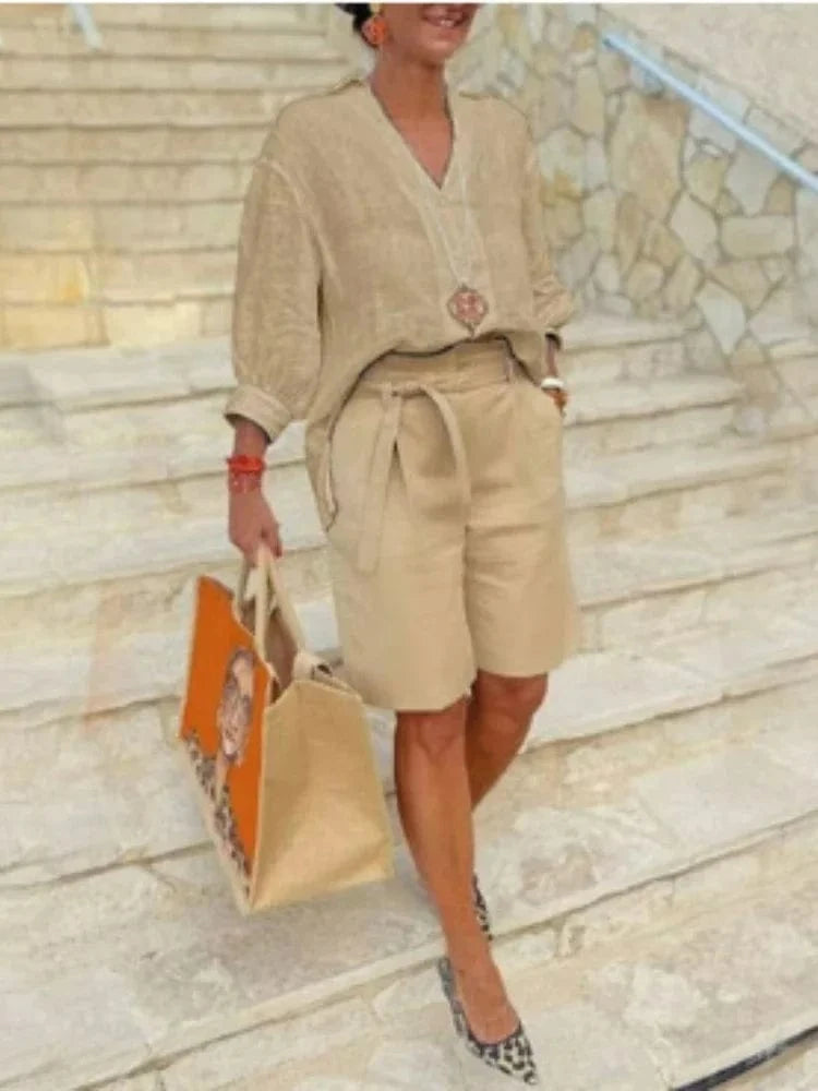 Khaki / XL 2024 Summer Fashion New Matching Collection Loose and Elegant V-neck Short Sleeve Cotton Linen Top Wide Leg Shorts Two Piece Set
