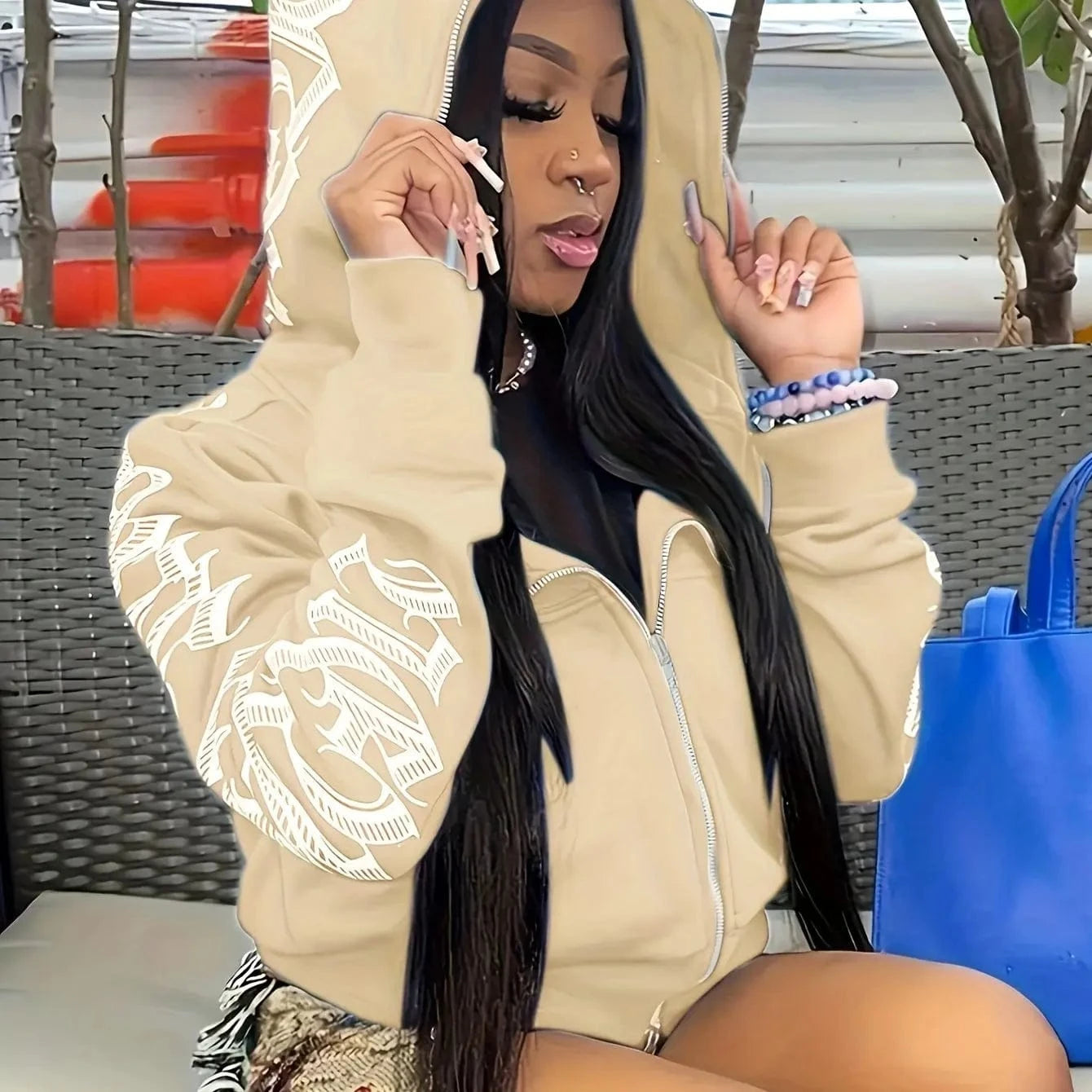 Khaki / XS Letter Print Long Sleeve Zip Up Hoodies, Cyber Y2K Gothic Punk Sweatshirt, Women's Clothing