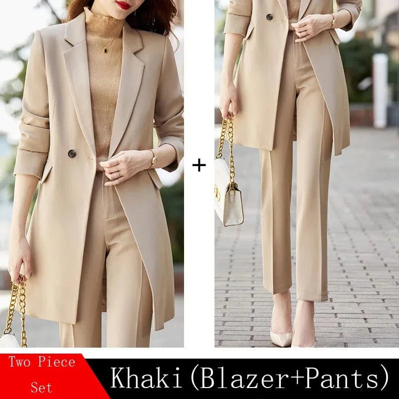 Khaki / XXL / CHINA High End Office Professional Women's Blazer Pants 2-Piece Set Fall Fashion Long Female Jacket Over Business Suit Casual Trousers