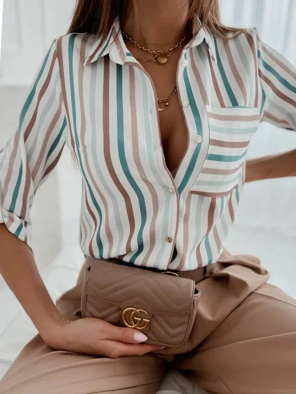 Khaki / XXL Elegant Women Blouse 2023 Spring and Autumn Temperament Top Long Sleeve Stripe Print Office Slim Fit Pocket Shirt