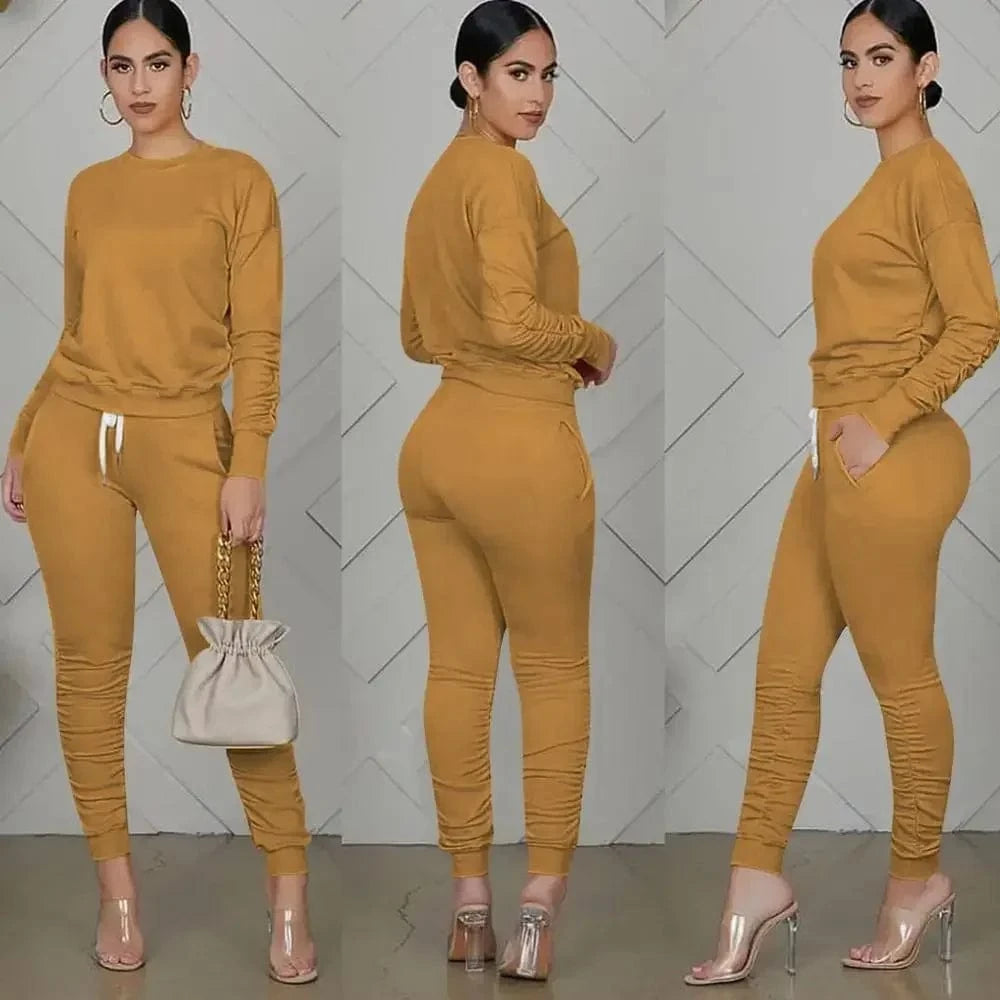 Khaki / XXL New round Neck Long Sleeve Slim Fit Warm Top Elastic Waistband Lace-up Trousers Simple Solid Color Sports Two-Piece Set